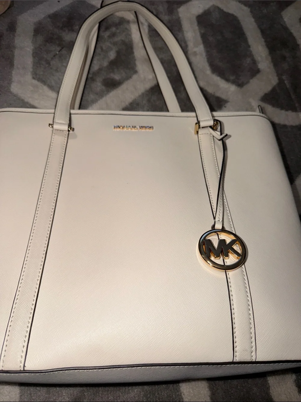 Michael Kors Cream Saffiano Leather Tote with Gold Logo Charm